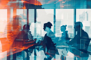 Colleagues in office meeting with generative ai virtual screen in double exposure