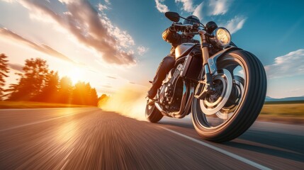 Naklejka premium Motorcycle Rider Speeding on Open Road at Sunset.