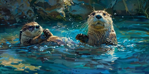 Fototapeta premium Two cute sea otters are swimming in the ocean.