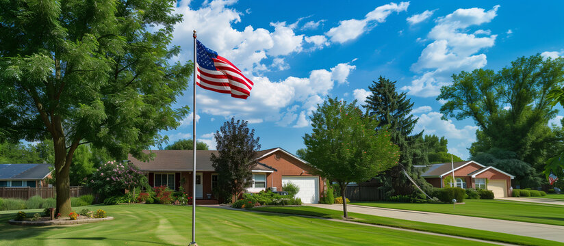 American flag on a flagpole in a suburban front yard, American flag, flagpole, front yard, Independence Day, patriotic, suburban, home display, USA