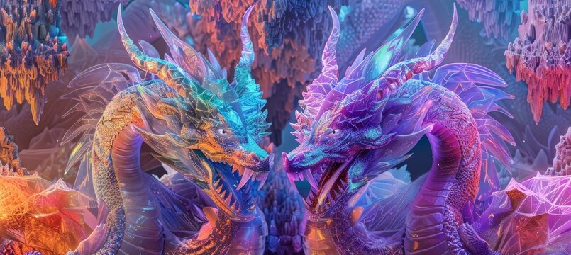 Two dragons are facing each other. They are both breathing fire. The background is a dark cave.