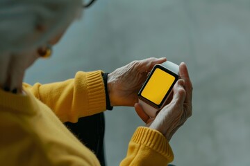 App mockup shoulder view of a mature woman holding an smartwatch with a completely yellow screen