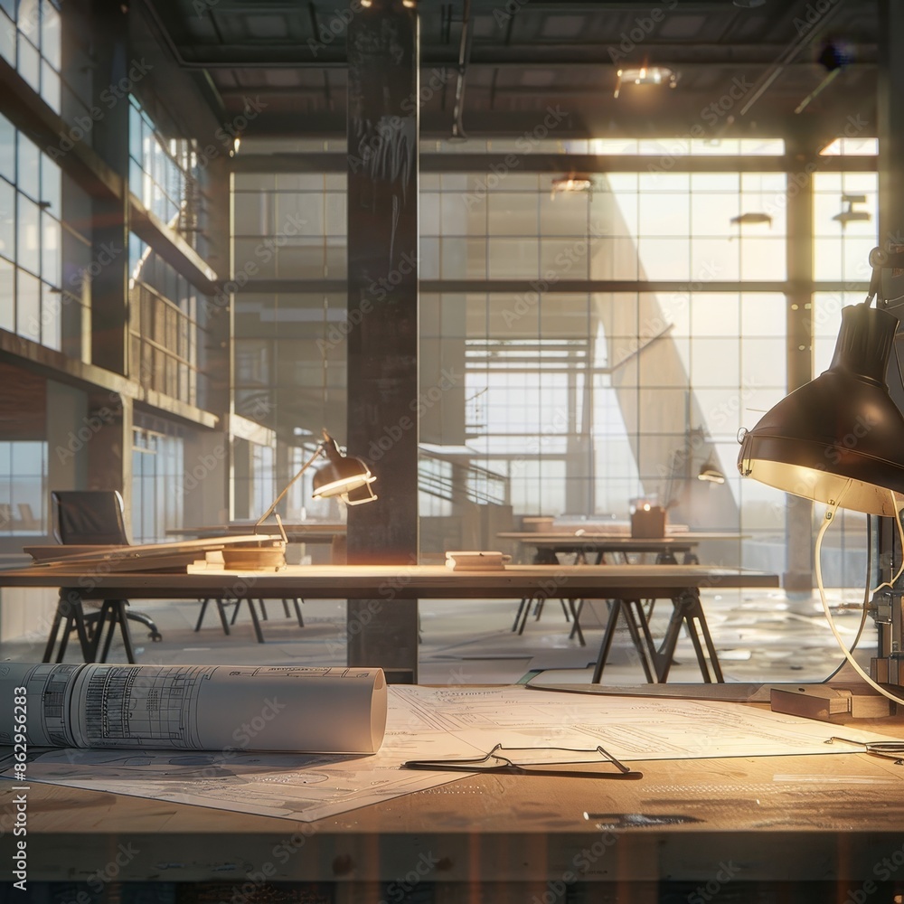 Poster architectural project concept at desk in construction site with mining lamp light