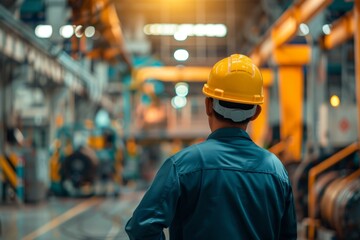 Technician inspecting machinery in factory, industrial engineer at work in production facility
