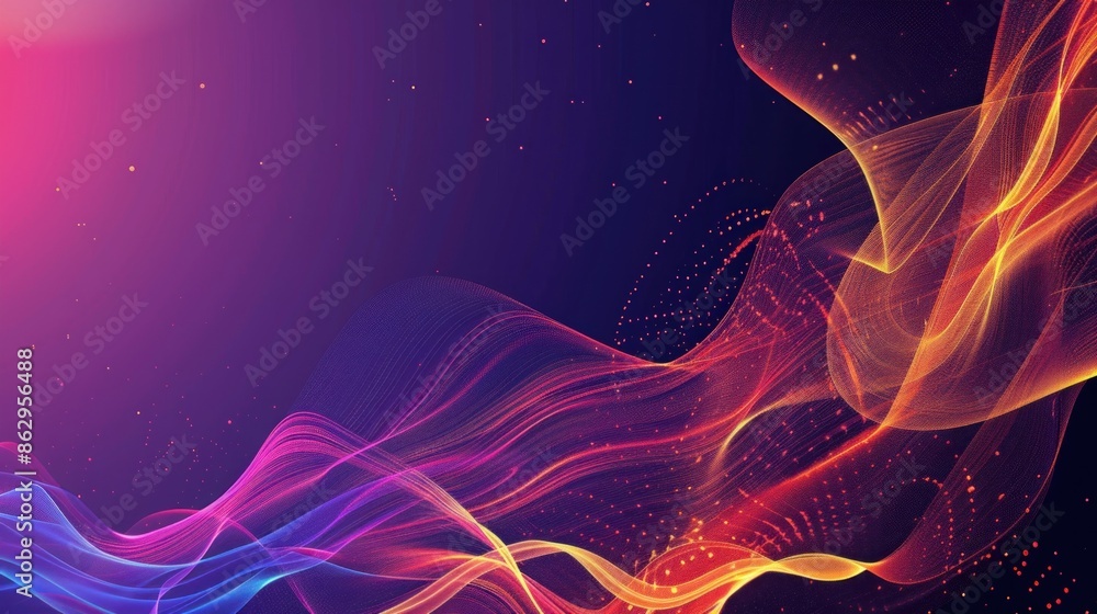 Poster vibrant abstract waves creating a dynamic background on a colorful gradient banner with particles fl