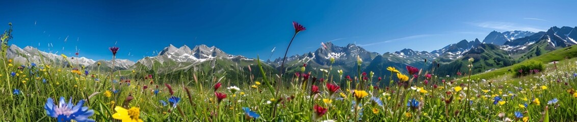 Fototapeta premium Alpine meadow filled with wildflowers the mountains in the background under a clear blue sky