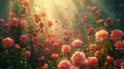 Sunbeams illuminating a vibrant rose garden.