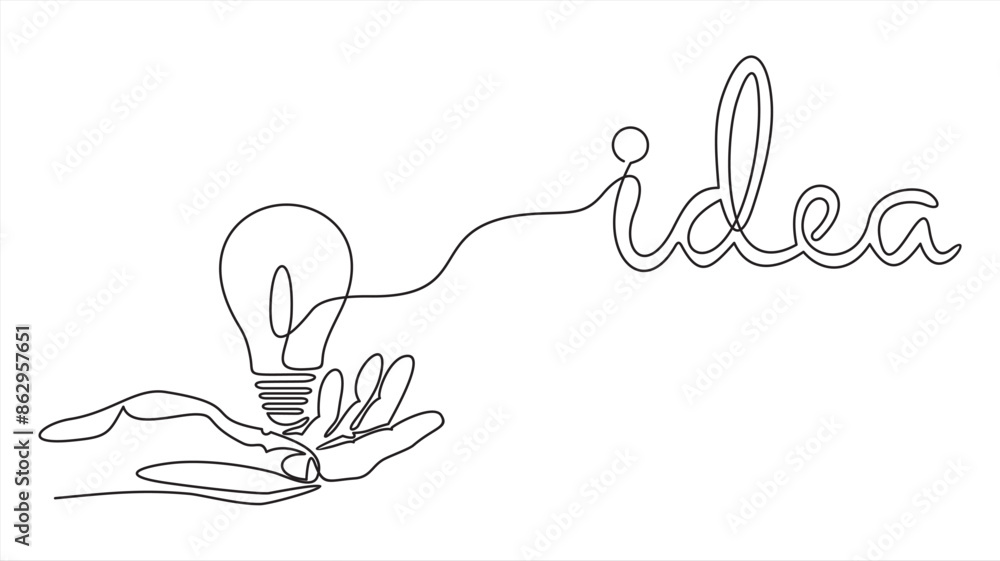 Poster continuous one line drawing. hands palms together with light bulb. black and white background vector