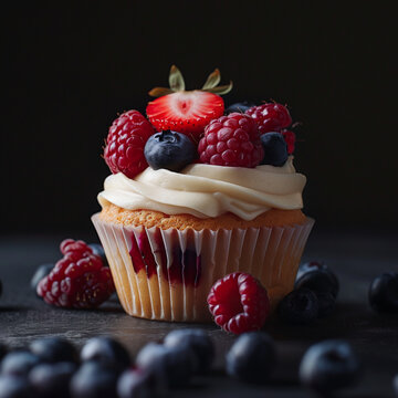 isolated white muffin with whipe cream and berries; cupcake with summer fruits: raspberries, blackberries, strawberries, blueberry; black background