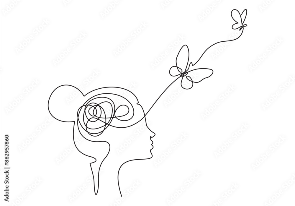 Poster abstract face with butterfly one line drawing. portrait minimalistic style. surreal faces continuous