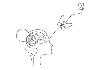 Abstract face with butterfly one line drawing. Portrait minimalistic style. Surreal Faces Continuous line, drawing of set faces and hairstyle, fashion concept, woman beauty