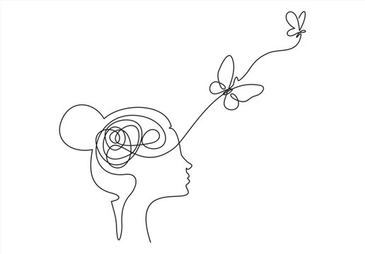 Abstract face with butterfly one line drawing. Portrait minimalistic style. Surreal Faces Continuous line, drawing of set faces and hairstyle, fashion concept, woman beauty