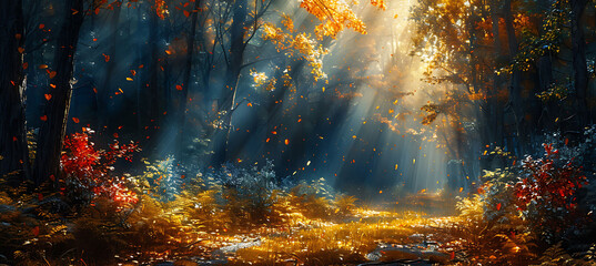 Obraz premium Ancient forest path covered in autumn leaves with sunbeams filtering through the dense canopy creating a mystical atmosphere