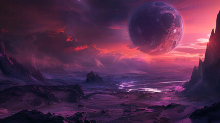 Alien landscape with a large planet in the sky and surreal rocky terrain. Dramatic lighting highlights the red and purple sunset sky, creating otherworldly scenery.