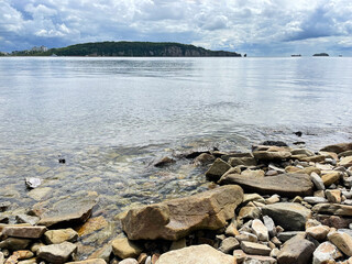 Vladivostok, Patrokl Bay in the Ussuri Bay of the Sea of Japan in summer in cloudy weather