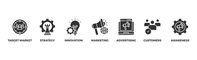Brand banner web icon illustration concept with icon of target market, strategy, innovation, marketing, advertising, customers, and awareness