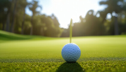 Foreground close-up of a golf ball on the lawn, against a diffuse background, with empty space for text.