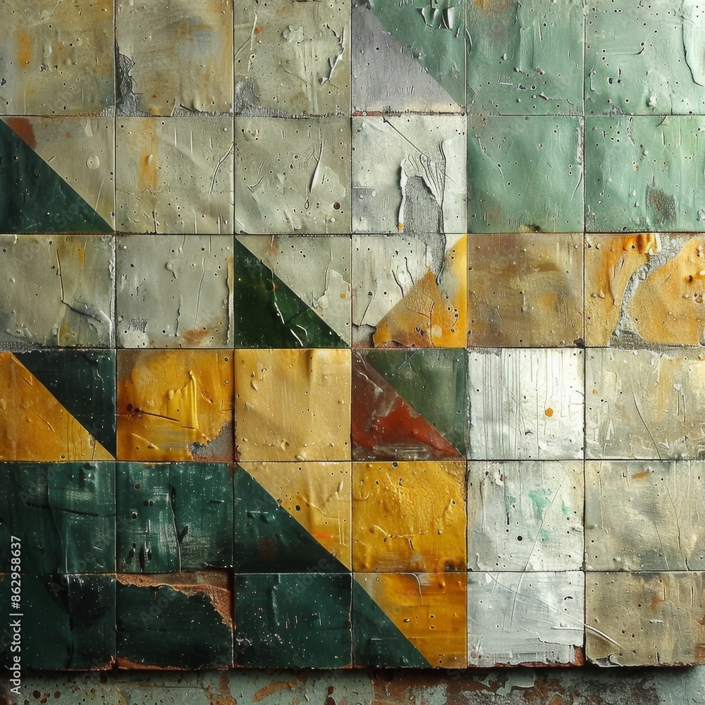 Wall mural Abstract Tile Mosaic with Yellow, Green, and Silver Tones