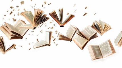 Books Flying Through the Air in a White Background