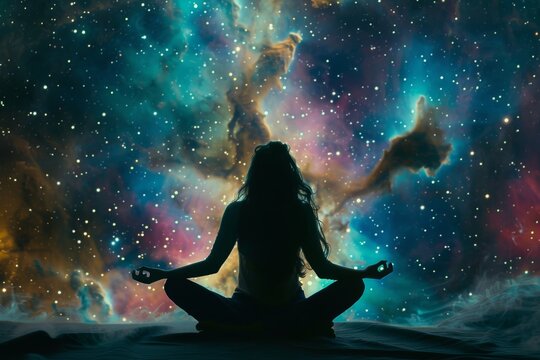 Silhouette yoga meditation  cosmic connection and spiritual awakening in colorful nebula universe