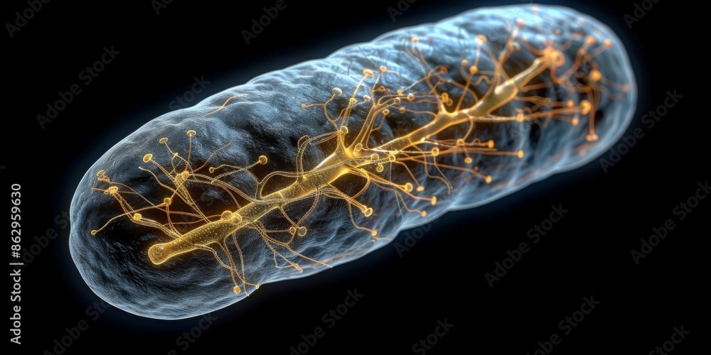 Poster scientific illustration of a neuron with golden synapses highlighting the complex structure and func