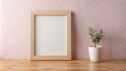 Elegant minimalist wooden picture frame mockup displayed on a soft pink wallpaper, creating a warm and cozy atmosphere.