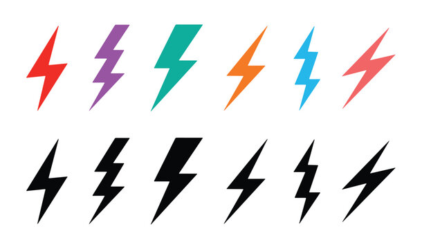 Set of lighting bolt icon. Hand drawn doodle electric lightning symbol sketch. thunder icon