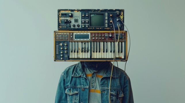 A captivating portrait of a person with a synthesizer head, the body dressed in casual attire, standing against a simple background. The image blends human and musical elements seamlessly,