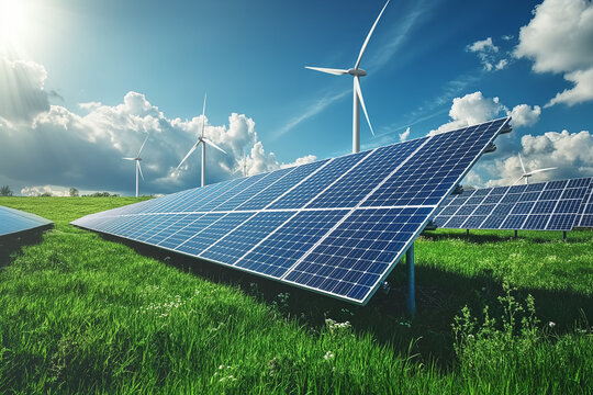 Concept clean energy, wind turbine with solar panels, energy supply, wind turbine