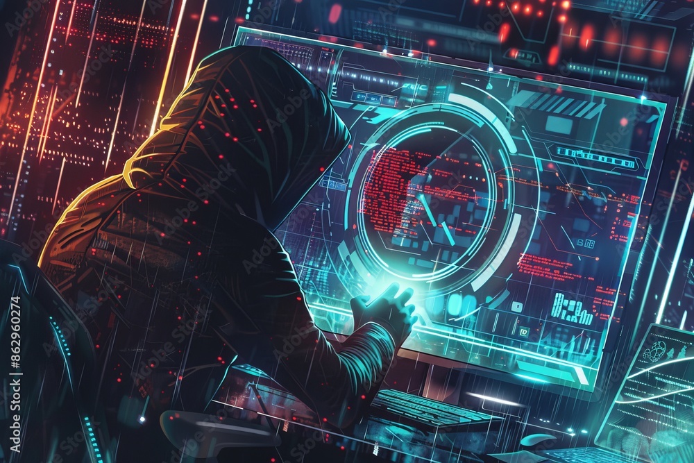 Poster exploring cybersecurity art hacker alerts, digital risks, and safeguarding technology and data