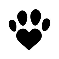 Heart shaped pet paw print vector logo design. Cat or dog paw print with 4 fingers and heartshapes base. Vet clinic logo clipart. © SunwArt