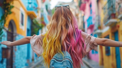 back view of female tourist with colorful hair