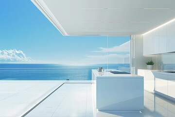 Luxurious minimalist kitchen with ocean views in modern apartment, airy space and oceanfront balcony