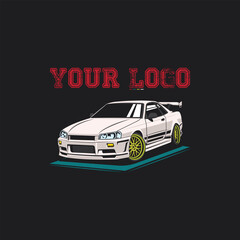 white classic car with yellow rims, vetor logo icon