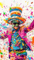 Fototapeta premium Colorful celebration with a person in a vibrant costume, covered in paint splashes and wearing a festive hat and sunglasses.