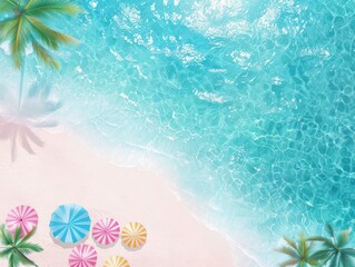 Obraz premium Aerial view of a tropical beach with turquoise waters, sandy shore, palm trees, and colorful umbrellas, embodying a serene summer vibe.