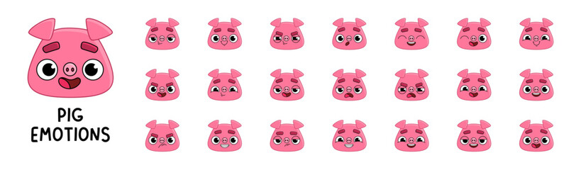 Pink pig character head set. Mascot stickers with different emotions. Vector cute character animal, pet