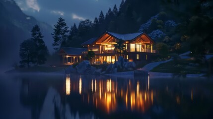 Fototapeta premium Night lights of a lake house in the mountains. Night lights of a lake house in the mountains. Mountain lake house lights.