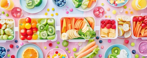 A colorful assortment of healthy fruits and vegetables arranged in containers, perfect for meal prep or snacking.