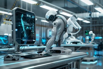 Fototapeta premium Futuristic ai enhanced workspace with robotic assistance for advanced operations