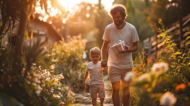 Father And Son Walk Through Lush Garden With Gift