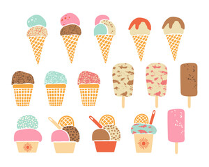 Ice-cream vector set. Hand drawn colorful textured summer frozen desserts. Fruit, mint, vanilla and chocolate ice cream popsicle and scoop balls in waffle cone and cups isolated on white background