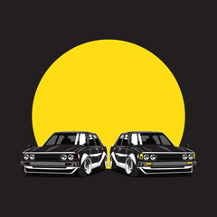 2 Corolla cars with a big moon background, vetor logo icon