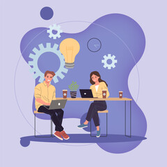 Positive office employees working on laptops. Young man and woman sitting at desk, drinking coffee and working. Vector illustration for brainstorming, startup project concept