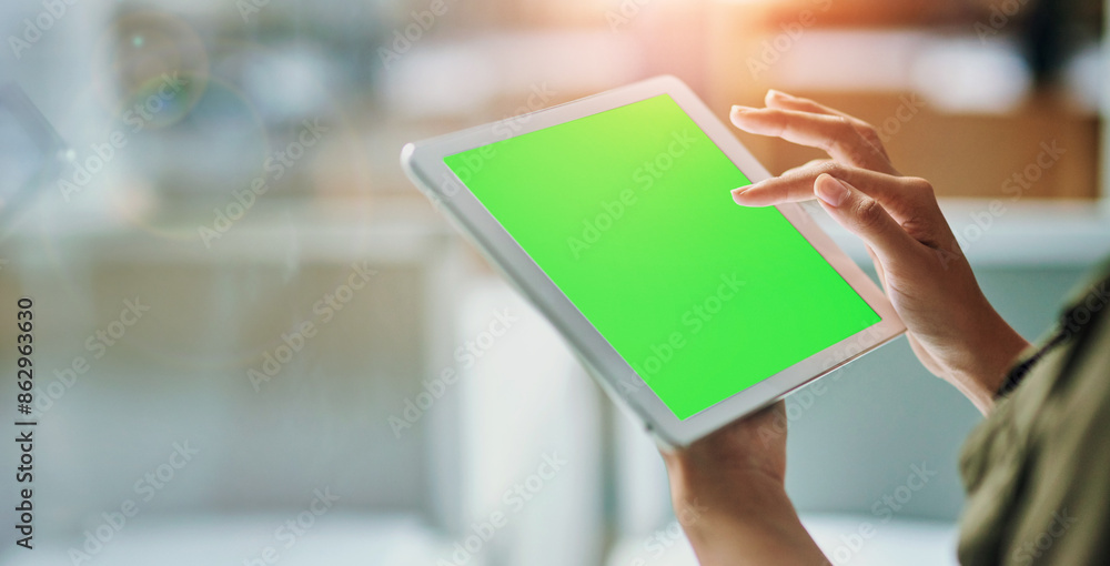 Poster hands, person and green screen on tablet in office for mockup space for research and networking. emp