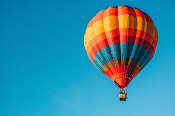 Naklejka premium Vibrant hot air balloon ascending in clear blue sky, ideal for adventurous escapes
