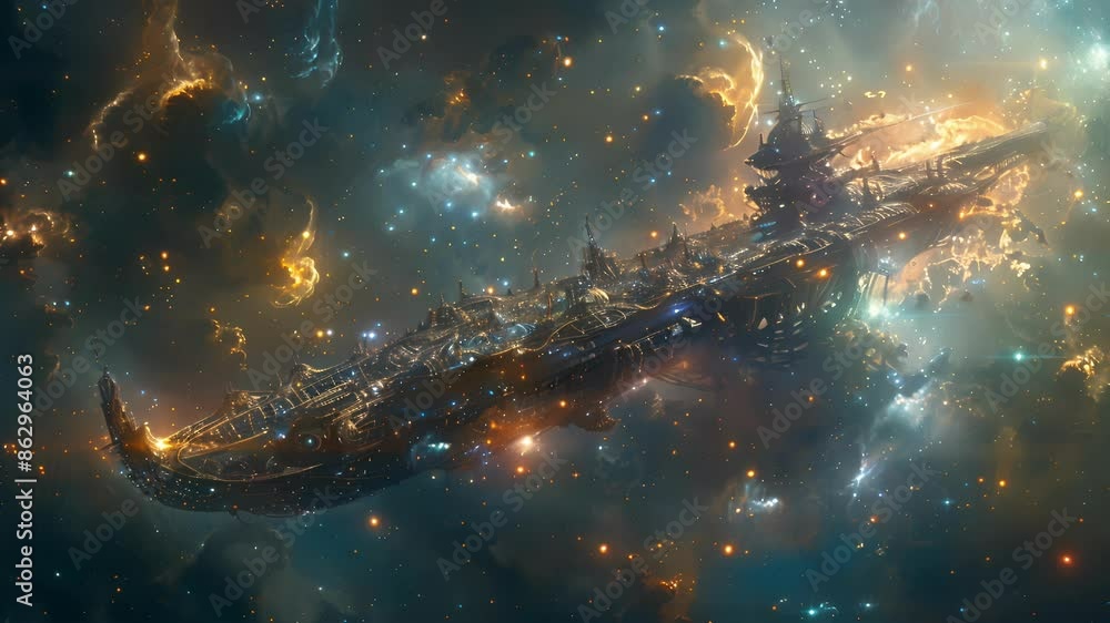 Poster Drifting a the stars a lone celestial ship its hull encrusted with precious gems sails endlessly through the boundless expanse of space.