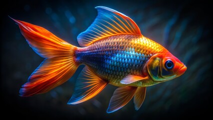Fototapeta premium Vibrant orange and blue fish with yellow fins and scales swim alone on a dark mysterious black background with subtle water shadows.