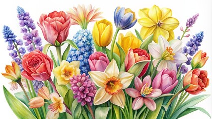 Obraz premium Vibrant watercolor illustration of colorful spring flowers, including daffodils, tulips, and hyacinths, in a beautiful, delicate, and intricate floral composition.