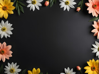 Obraz premium Creative layout made of flowers on black background. Flat lay, top view, copy space